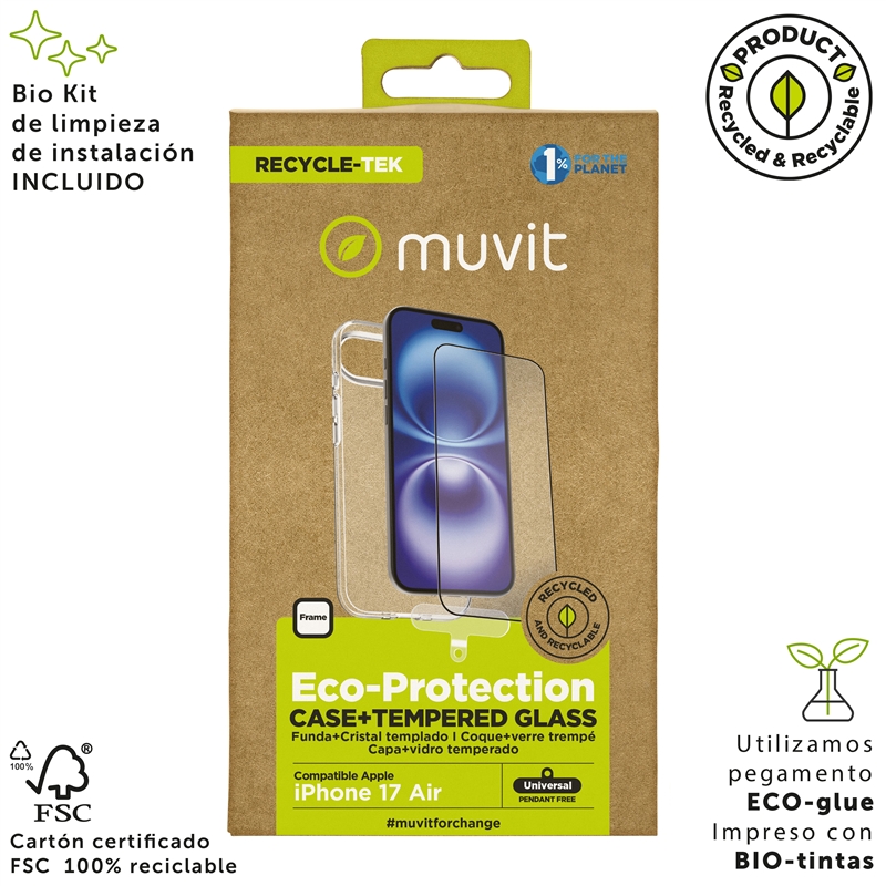 muvit for change funda compatible con Apple iPhone Air + protector de pantalla vidrio templado plano marco negro