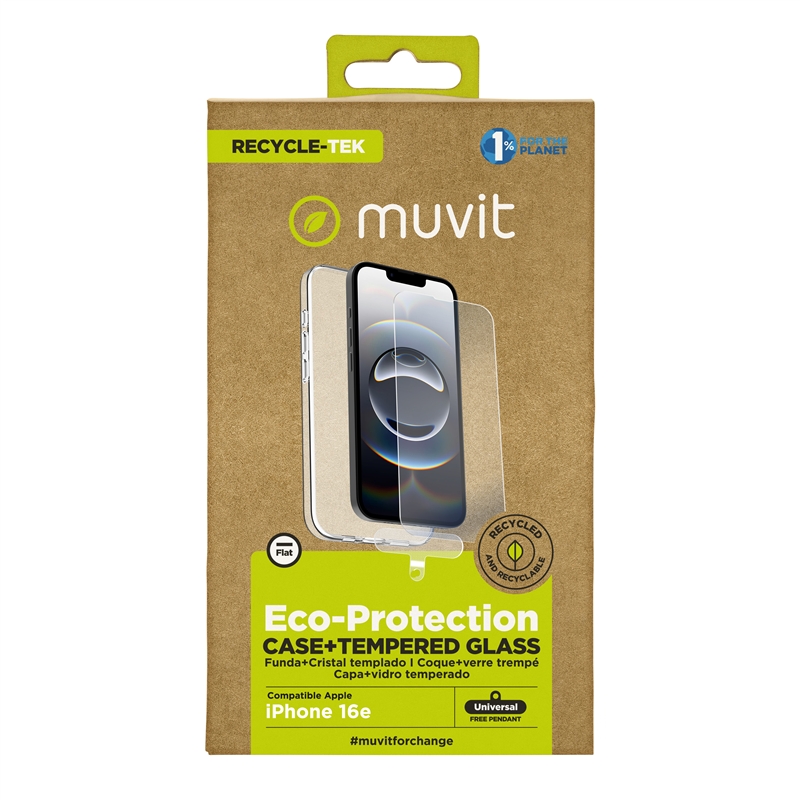 muvit for change funda compatible con Apple iPhone 16e + protector de pantalla vidrio templado plano