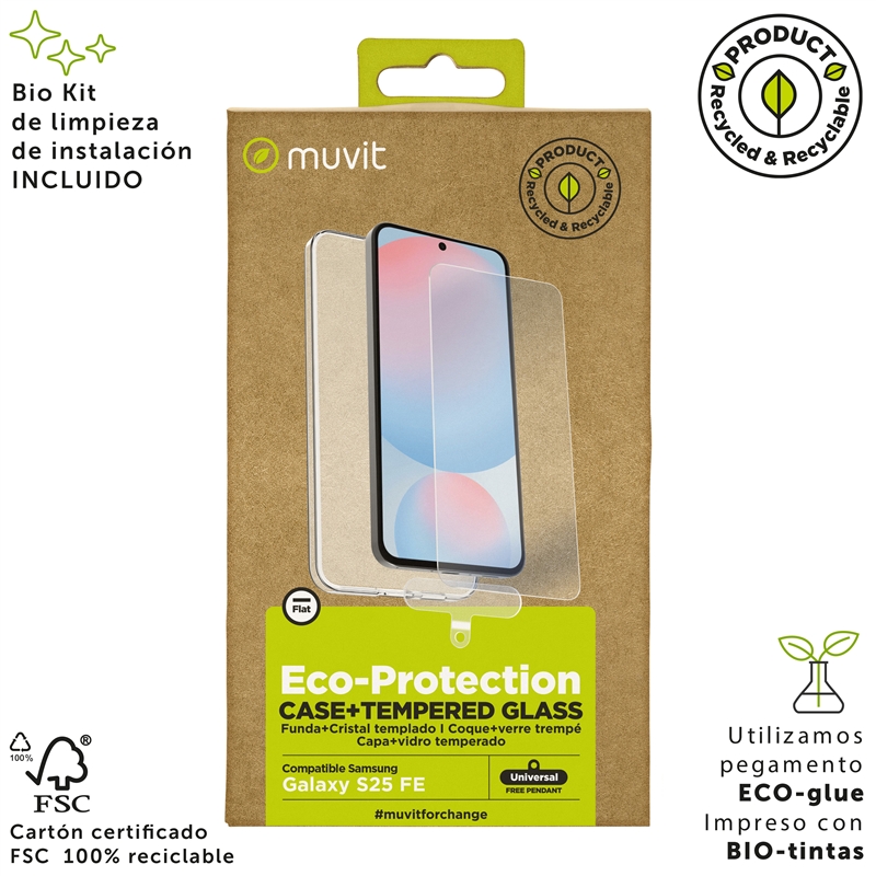 muvit for change funda compatible con Samsung Galaxy S25 FE + protector de pantalla vidrio templado plano