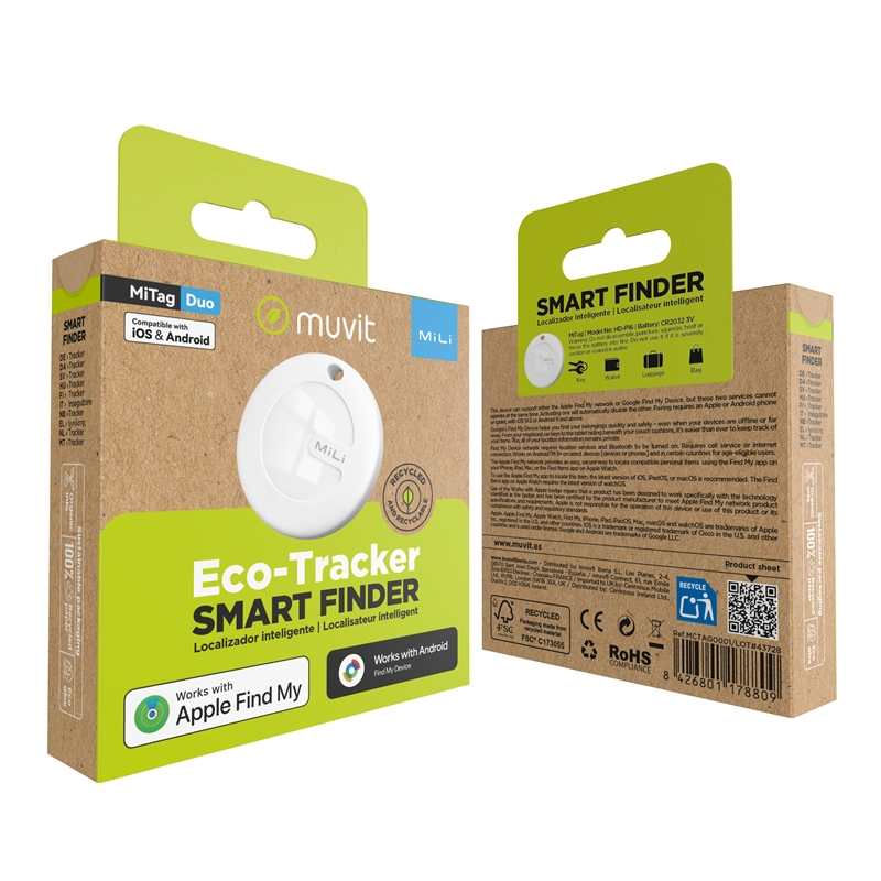 muvit for change by MiLi Localizador compatible con Apple Find My y Google Find My Device blanco