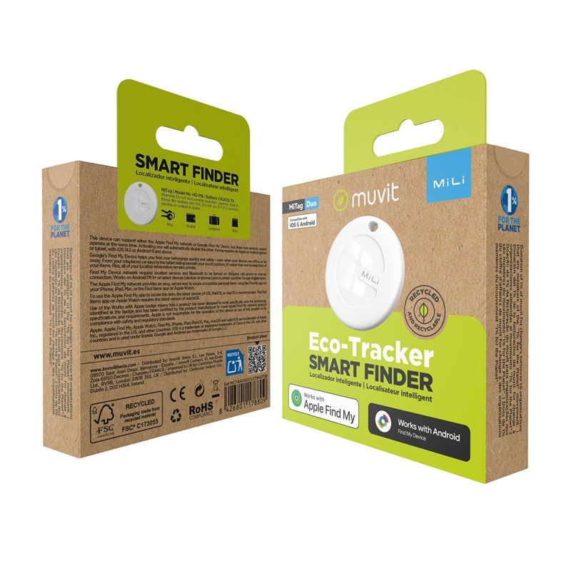 muvit for change by MiLi Localizador compatible con Apple Find My y Google Find My Device blanco