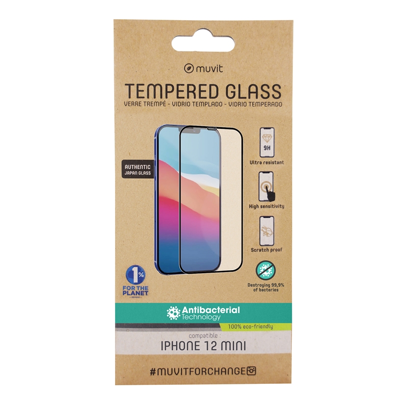 muvit for change protector pantalla compatible con Apple iPhone 12 Mini vidrio templado plano marco negro antibacteriano