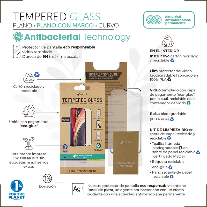 muvit for change protector pantalla compatible con Apple iPhone 12/12 Pro vidrio templado marco negro antibacteriano