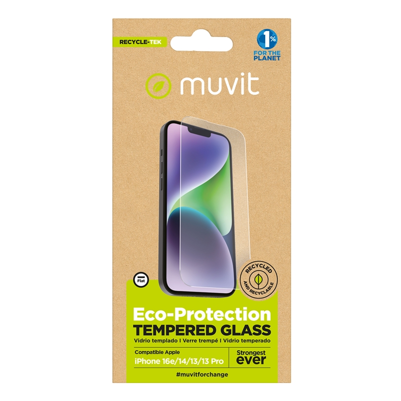 muvit for change protector pantalla compatible con Apple iPhone 16e/14/13/13 Pro vidrio templado plano