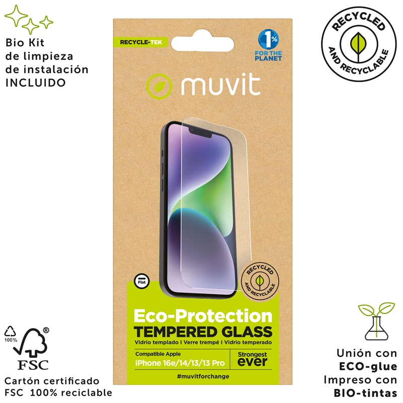 muvit for change protector pantalla compatible con Apple iPhone 16e/14/13/13 Pro vidrio templado plano