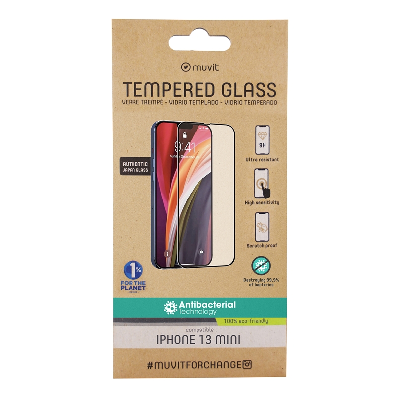 muvit for change protector pantalla compatible con Apple iPhone 13 Mini vidrio templado plano marco negro antibacteriano