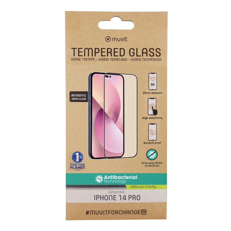 muvit for change protector pantalla compatible con Apple iPhone 14 Pro vidrio templado marco negro antibacteriano