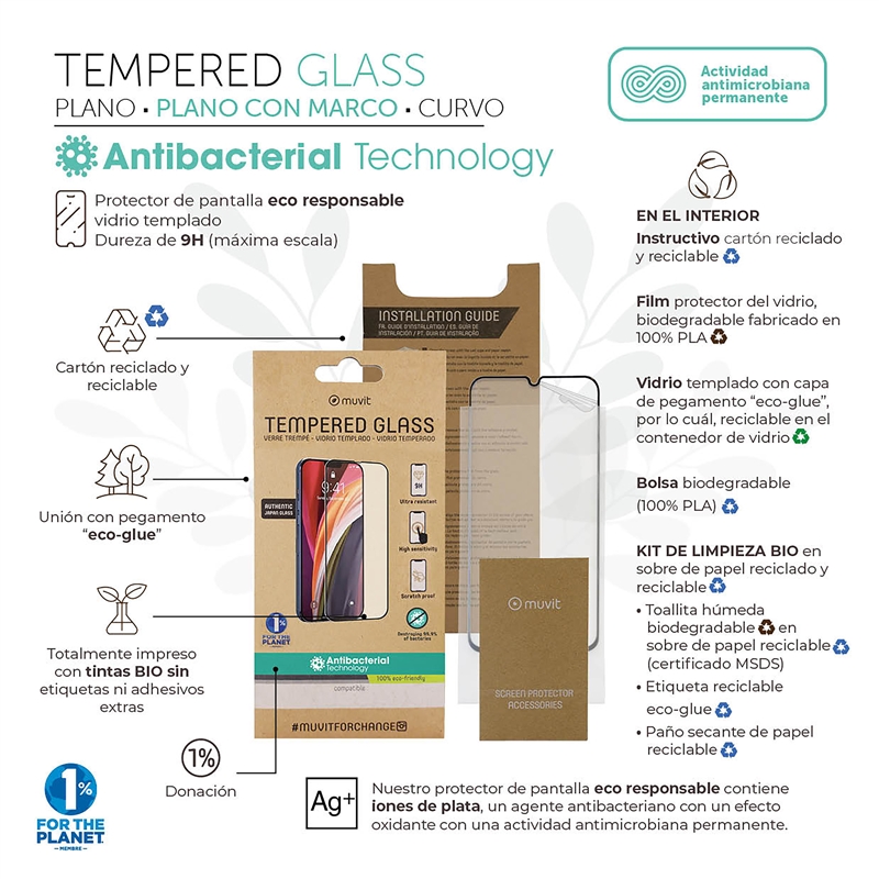 muvit for change protector pantalla compatible con Apple iPhone 14 Pro Max vidrio templado marco negro antibacteriano