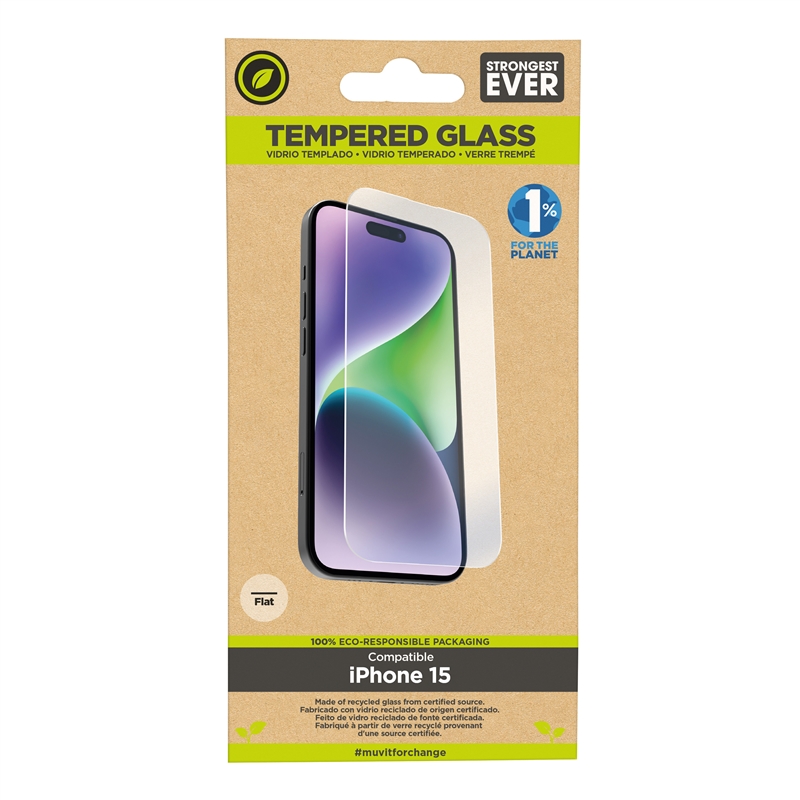 muvit for change protector pantalla compatible con Apple iPhone 15 vidrio templado plano