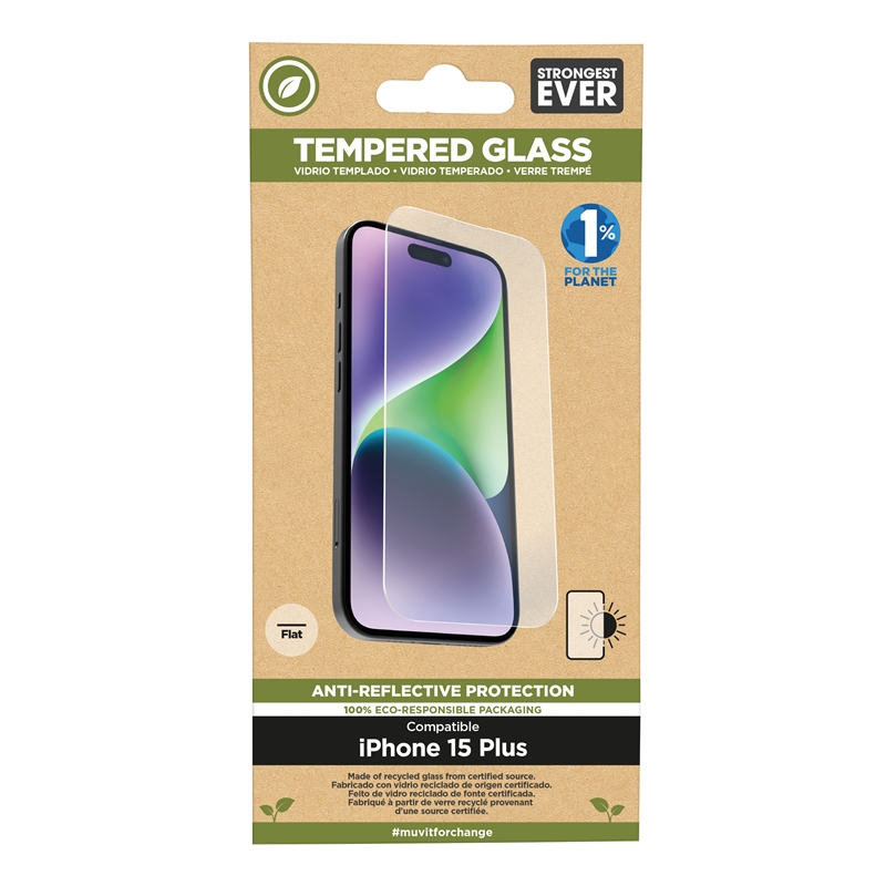 muvit for change protector pantalla anti-reflejo compatible con Apple iPhone 15 Plus vidrio templado plano