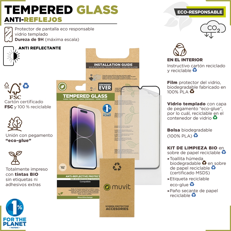 muvit for change protector pantalla anti-reflejo compatible con Apple iPhone 15 Pro Max vidrio templado plano