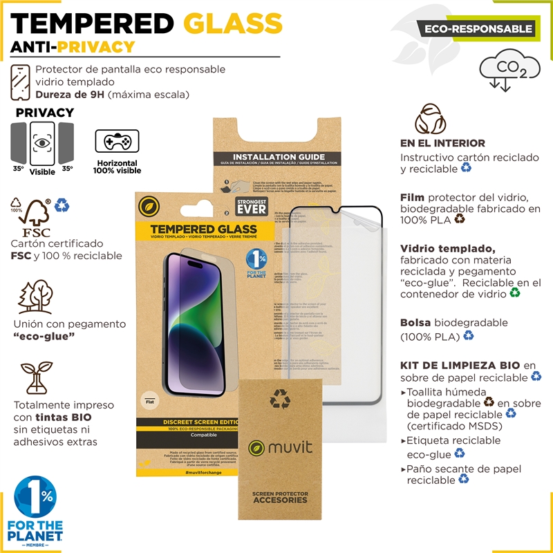 muvit for change protector pantalla privacy compatible con Apple iPhone 15 Pro Max vidrio templado plano