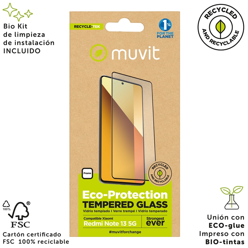 muvit for change protector pantalla compatible con Xiaomi Redmi Note 13 5G vidrio plano marco negro