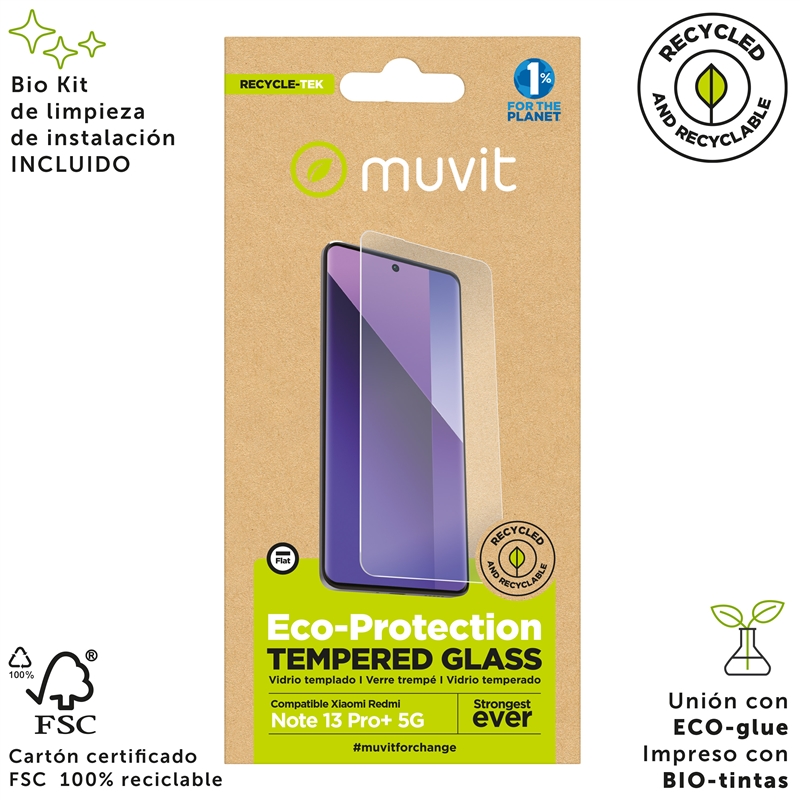 muvit for change protector pantalla compatible con Xiaomi Redmi Note 13 Pro+ 5G vidrio plano