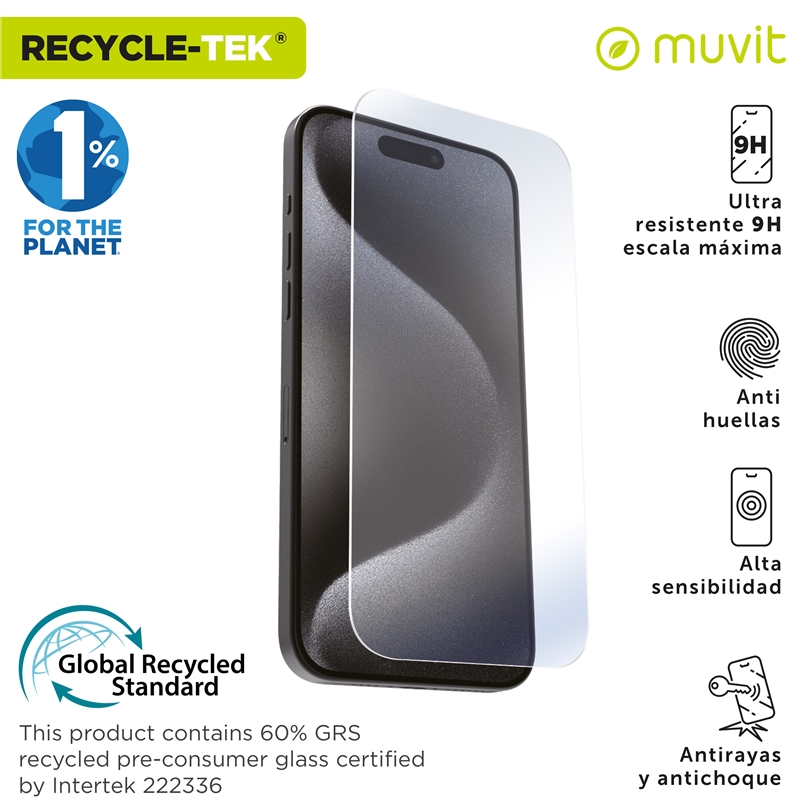 muvit for change protector pantalla compatible con Apple iPhone 16/15 vidrio templado plano