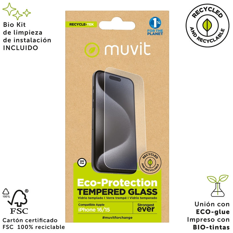 muvit for change protector pantalla compatible con Apple iPhone 16/15 vidrio templado plano