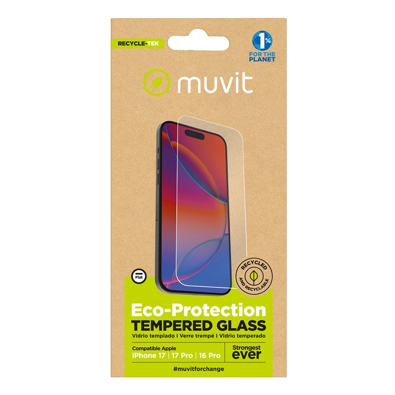 muvit for change protector pantalla compatible con Apple iPhone 17/17 Pro/16 Pro vidrio templado plano