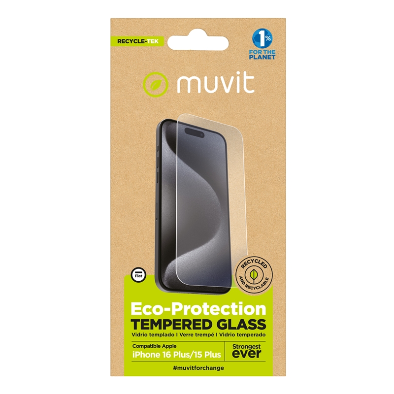 muvit for change protector pantalla compatible con Apple iPhone 16 Plus/15 Plus vidrio templado plano