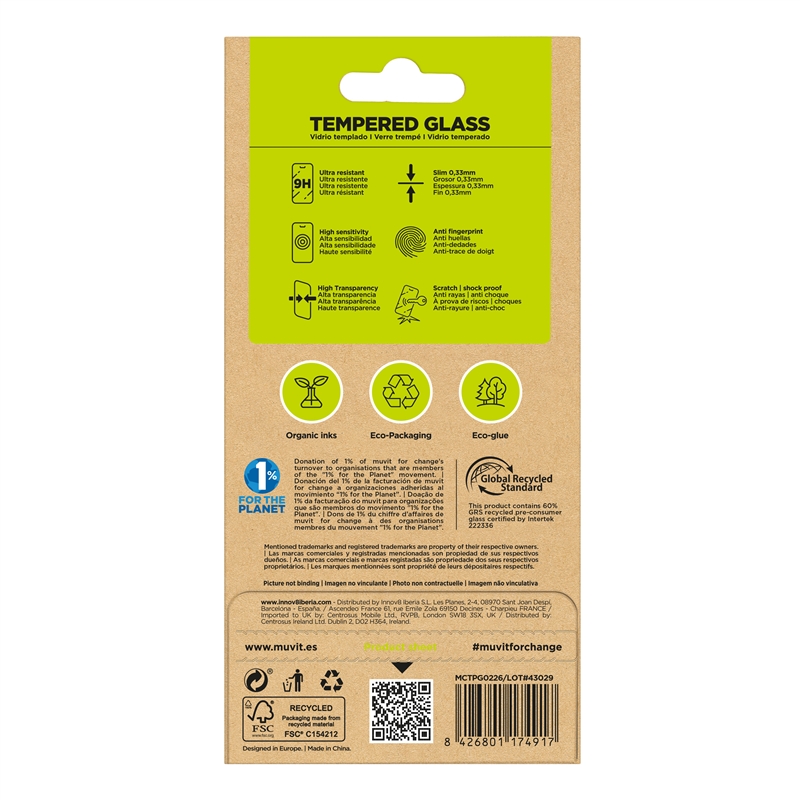 muvit for change protector pantalla compatible con Apple iPhone 16 Plus/15 Plus vidrio templado plano