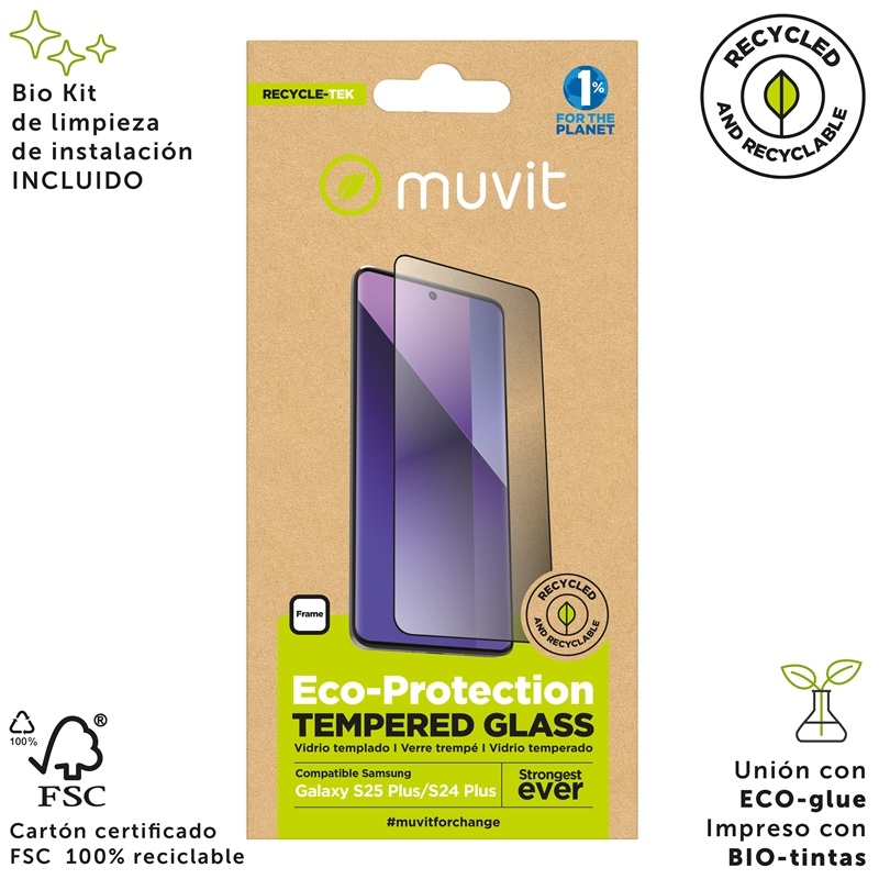 muvit for change protector pantalla compatible Samsung Galaxy S25 Plus/S24 Plus vidrio templado marco negro