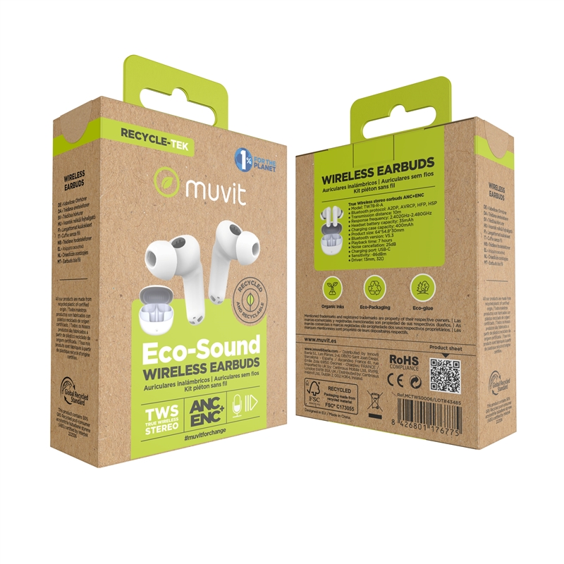 muvit for change auriculares estéreo true wireless ANC+ENC blancos