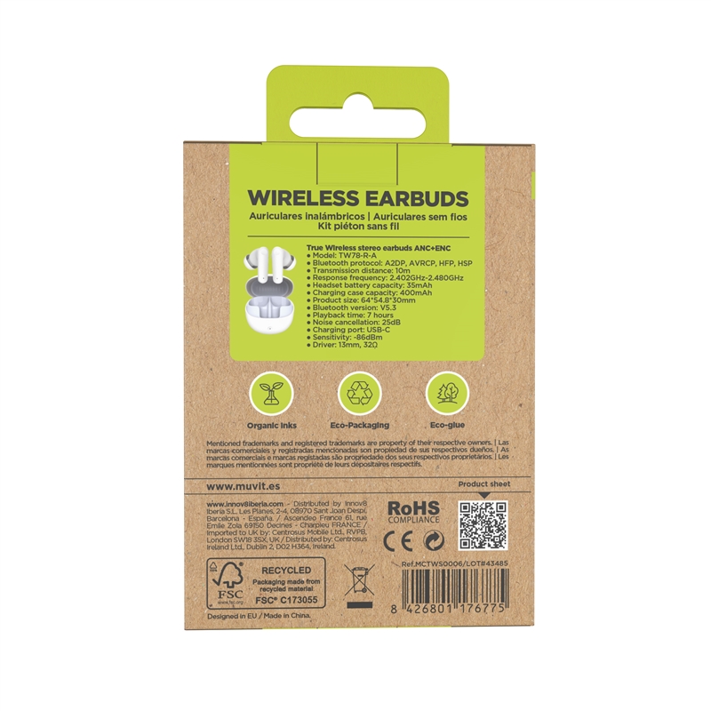 muvit for change auriculares estéreo true wireless ANC+ENC blancos