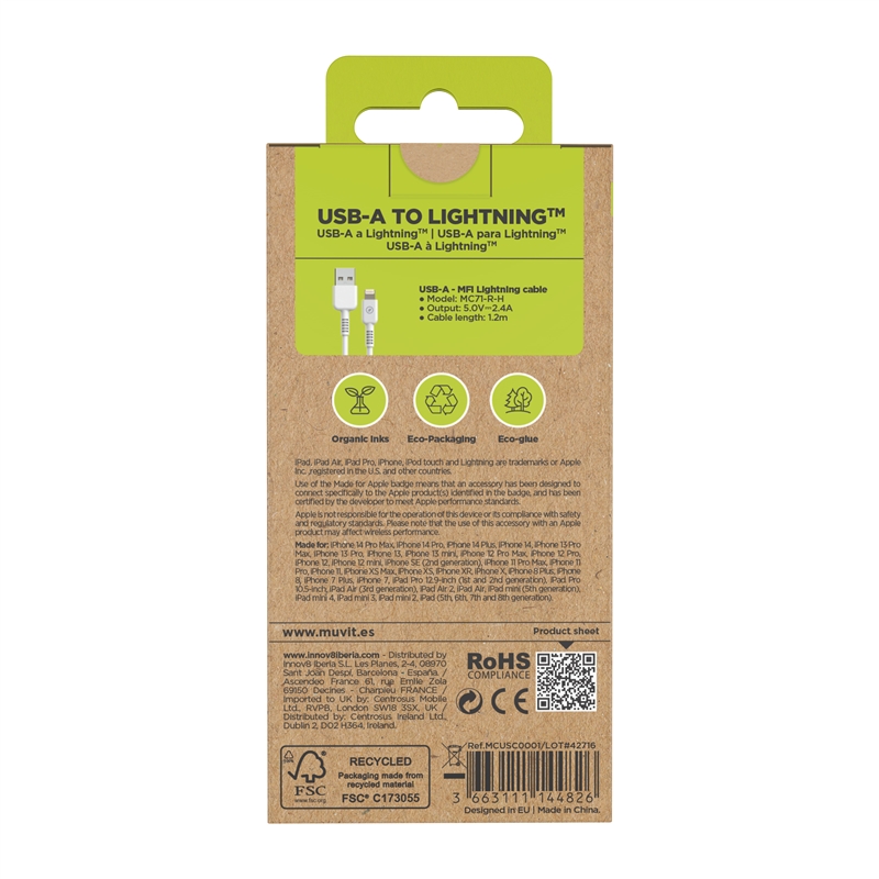 muvit for change cable USB a Lightning MFI 2,4A/12W 1,2m blanco