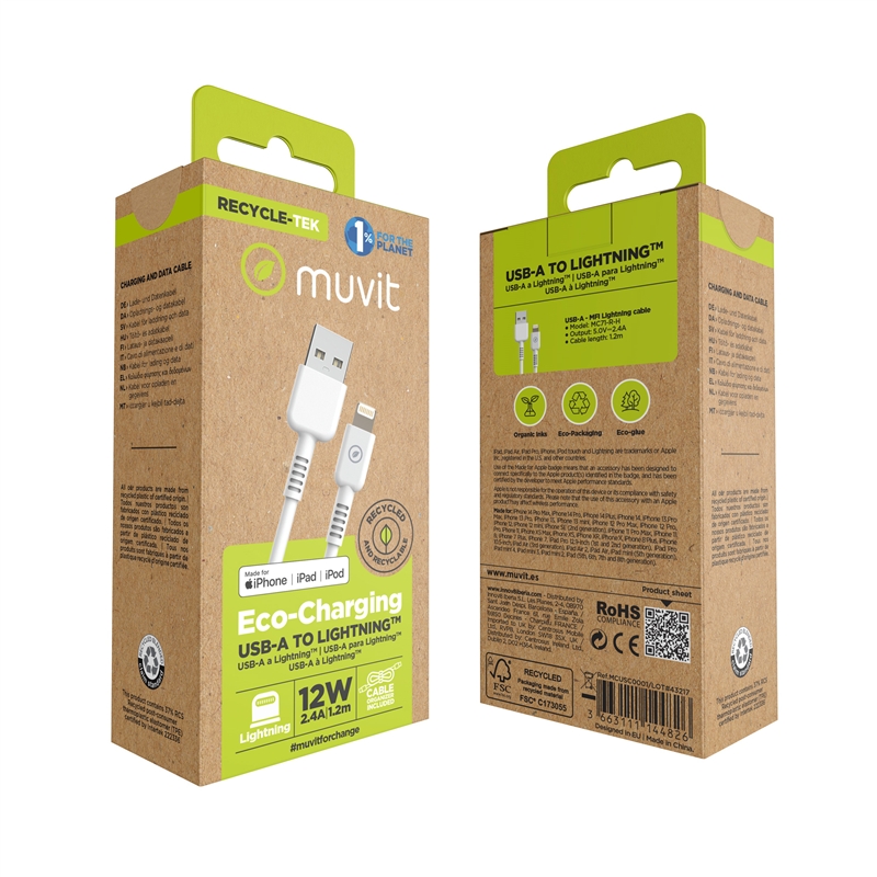 muvit for change cable USB a Lightning MFI 2,4A/12W 1,2m blanco