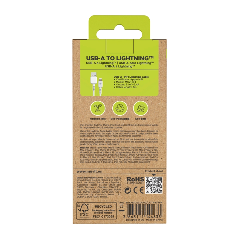 muvit for change cable USB a Lightning MFI 2,4A/12W 3m blanco