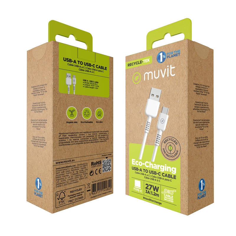 muvit for change cable USB a Tipo C 3A/27W 1.2m blanco