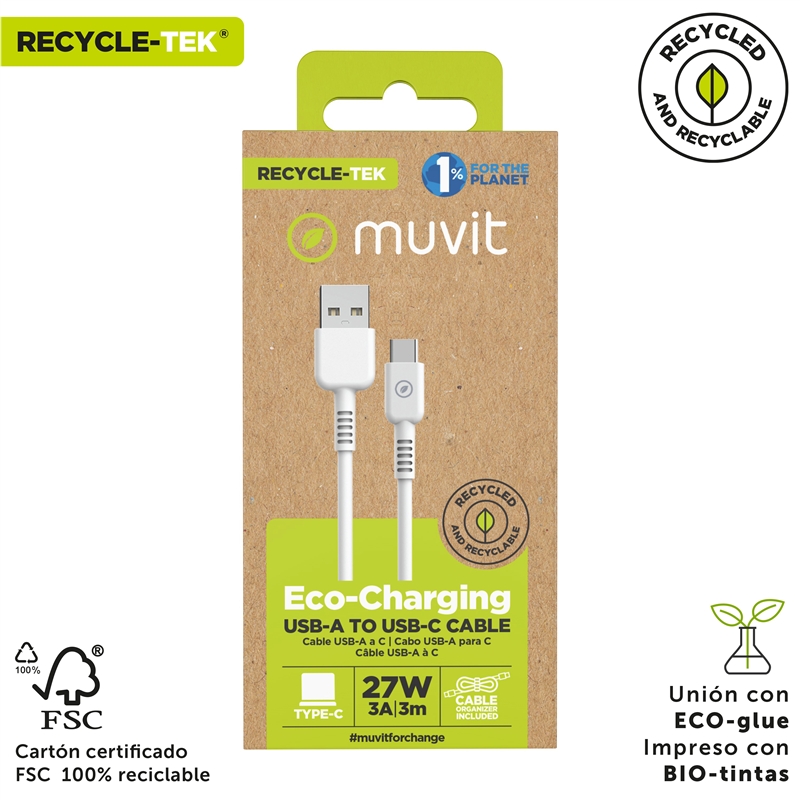 muvit for change cable USB a Tipo C/27W 3A 3m blanco