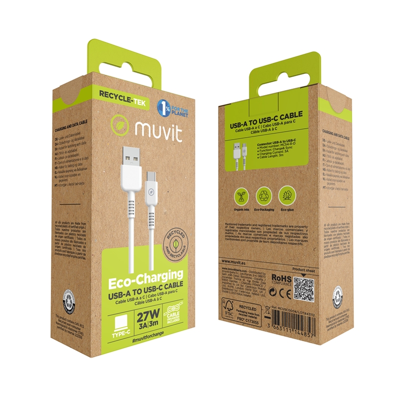 muvit for change cable USB a Tipo C/27W 3A 3m blanco