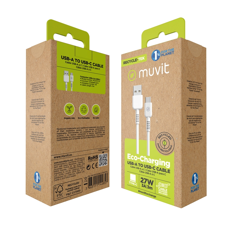muvit for change cable USB a Tipo C/27W 3A 3m blanco