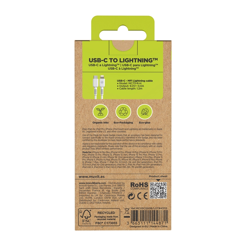 muvit for change cable Tipo C a Lightning MFI 3A/27W 1,2m blanco