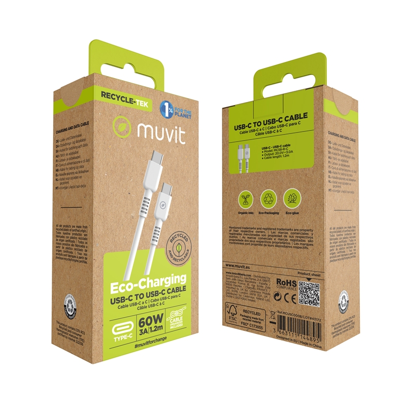 muvit for change cable Tipo C a Tipo C 3A/60W 1.2m blanco