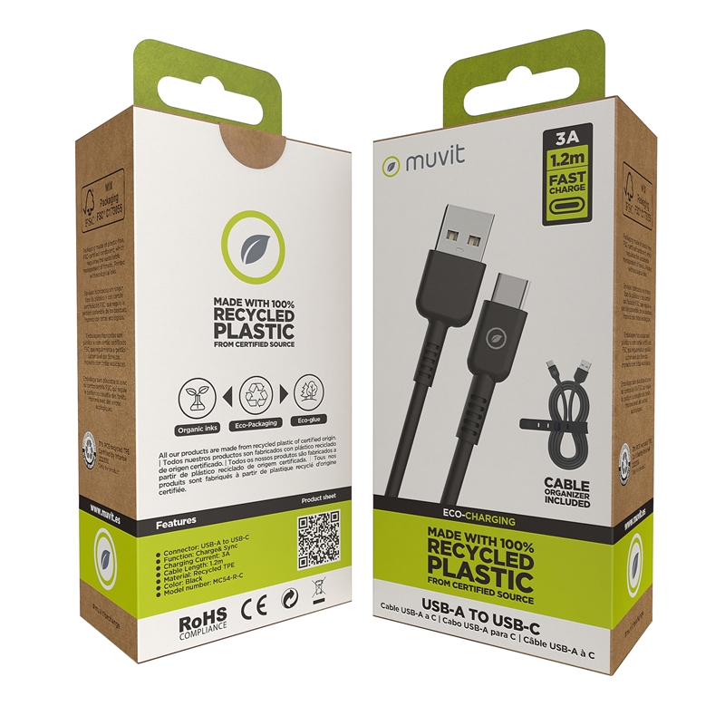 muvit for change cable USB a Tipo C 3A/27W 1.2m negro