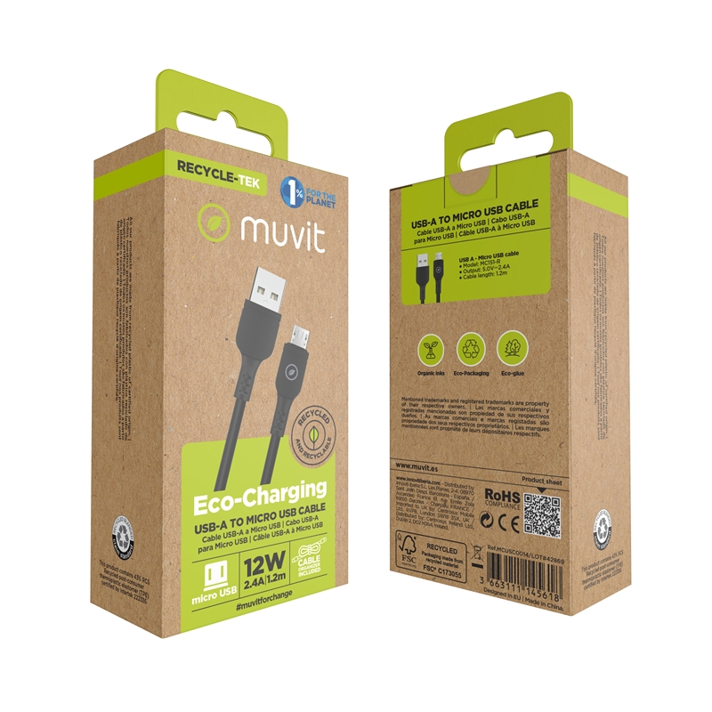 muvit for change cable USB a Micro USB 2,4A/10W 1,2m negro