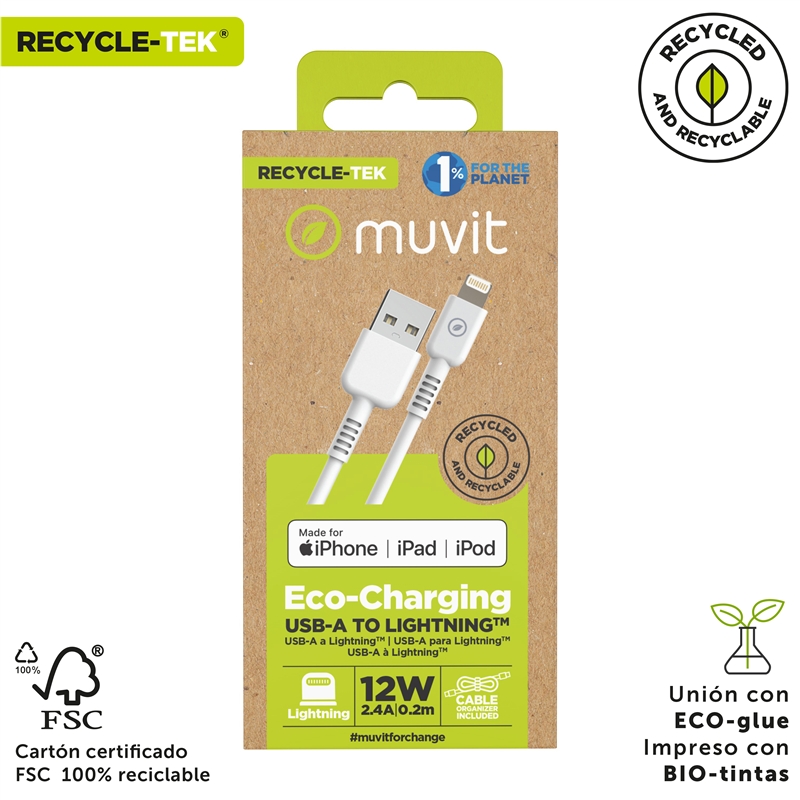 muvit for change cable USB a Lightning MFI 2,4A/12W 0,2m blanco