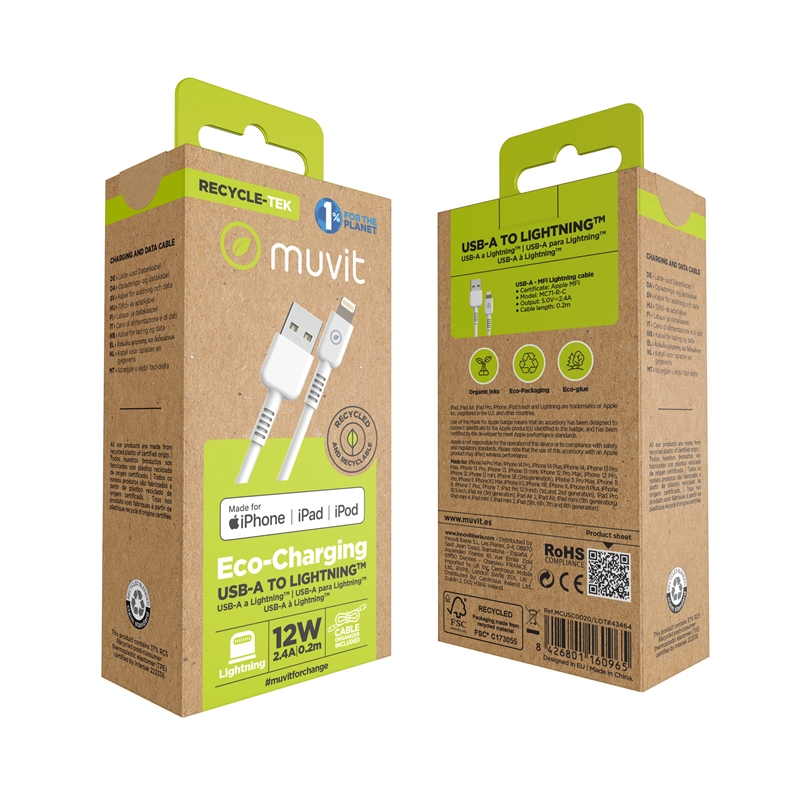 muvit for change cable USB a Lightning MFI 2,4A/12W 0,2m blanco