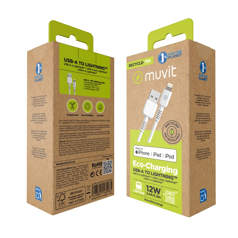muvit for change cable USB a Lightning MFI 2,4A/12W 0,2m blanco