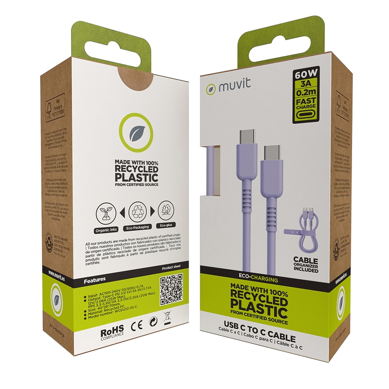 muvit for change cable Tipo C a Tipo C 3A/60W 0.2m lavanda