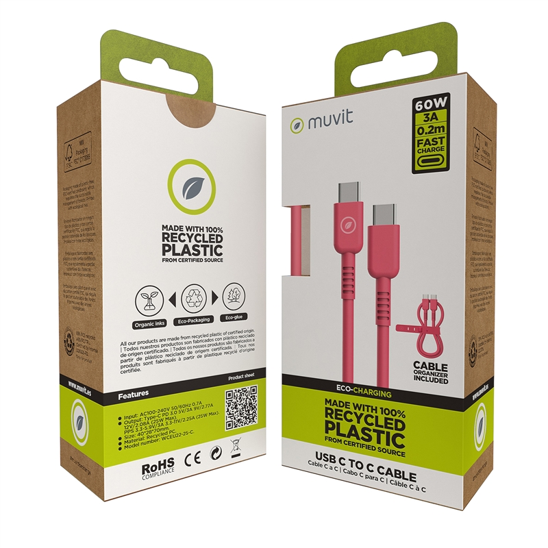 muvit for change cable Tipo C a Tipo C 3A/60W 0.2m magenta