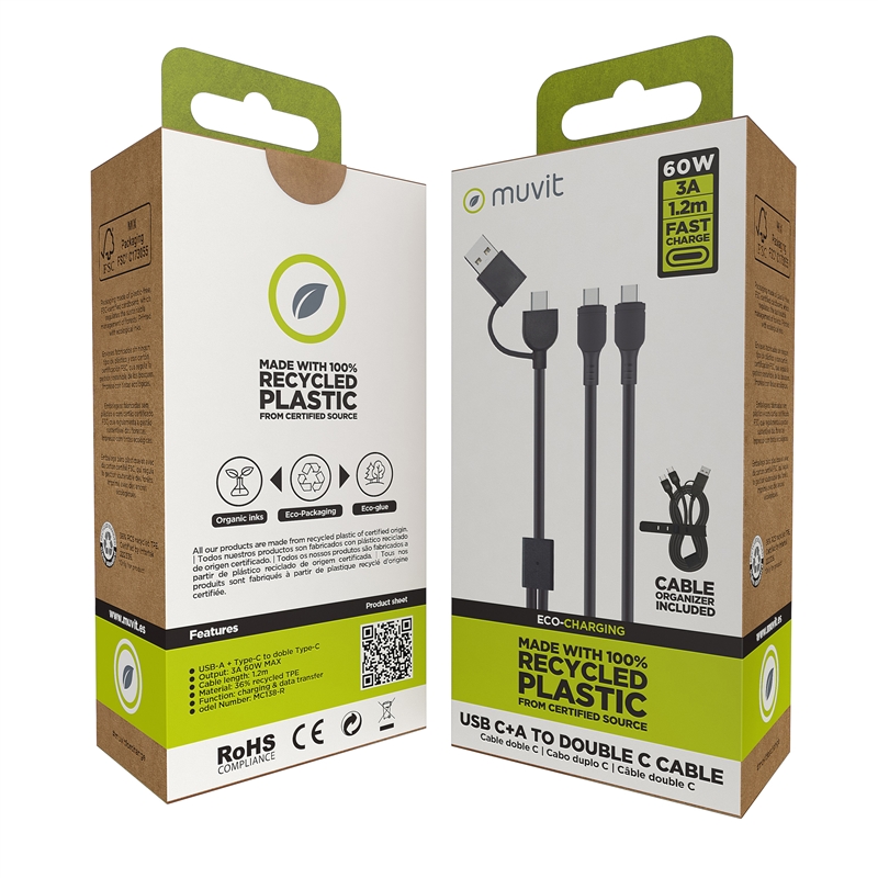 muvit for change cable Tipo C + Tipo A a doble cable Tipo C 3A 60w 1,2m negro