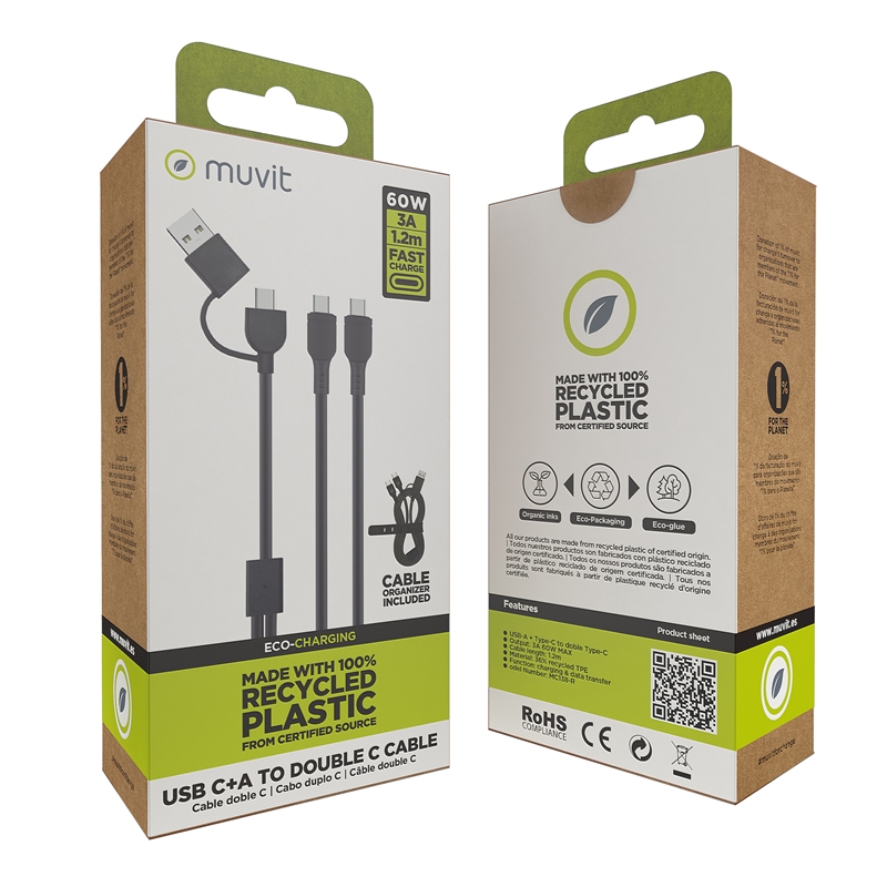 muvit for change cable Tipo C + Tipo A a doble cable Tipo C 3A 60w 1,2m negro