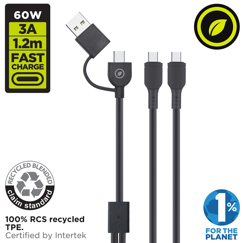 muvit for change cable Tipo C + Tipo A a doble cable Tipo C 3A 60w 1,2m negro