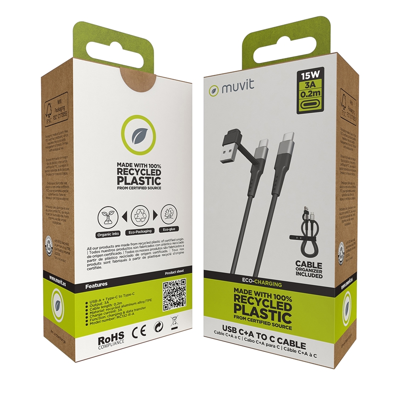 muvit for change cable Tipo C + Tipo A a Tipo C 3A 15w 0,2m negro