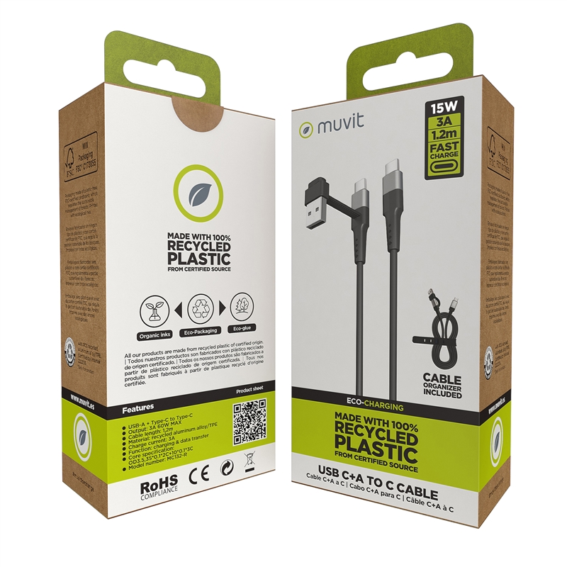 muvit for change cable Tipo C + Tipo A a Tipo C 3A 15w 1,2m negro