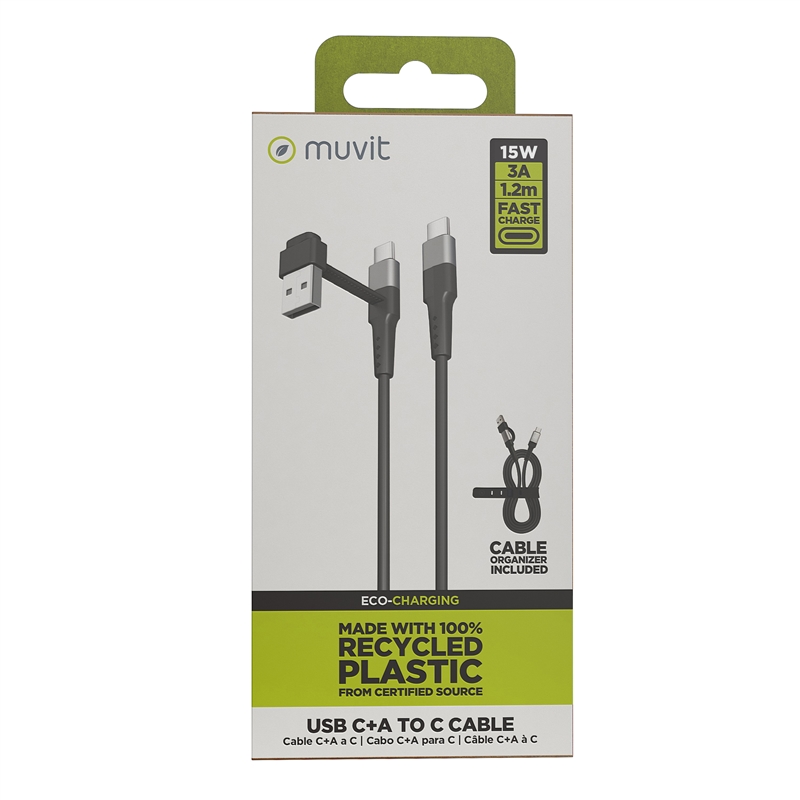 muvit for change cable Tipo C + Tipo A a Tipo C 3A 15w 1,2m negro