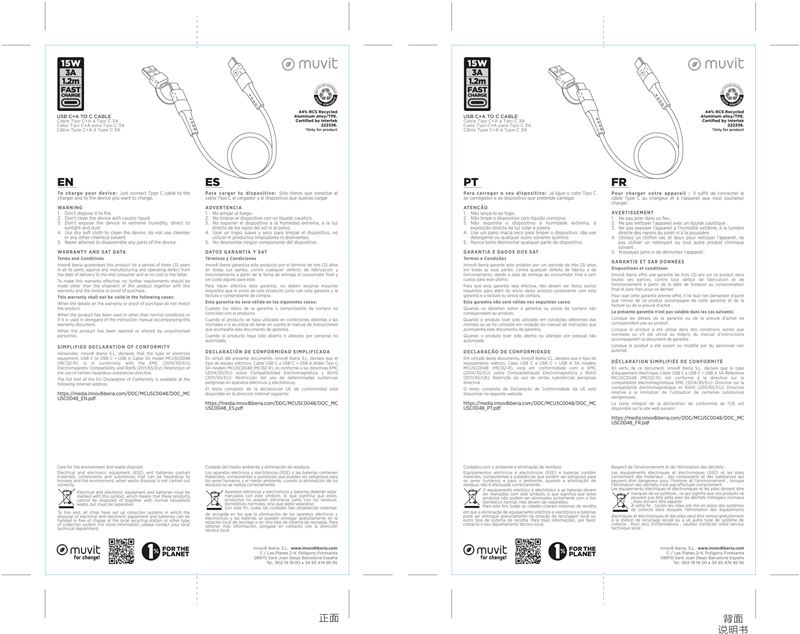 muvit for change cable Tipo C + Tipo A a Tipo C 3A 15w 1,2m negro