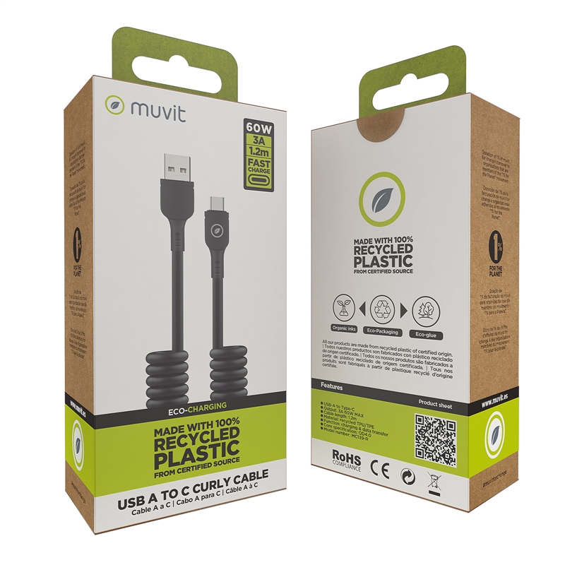 muvit for change cable rizado USB a Tipo C 3A 60w 1,2m negro